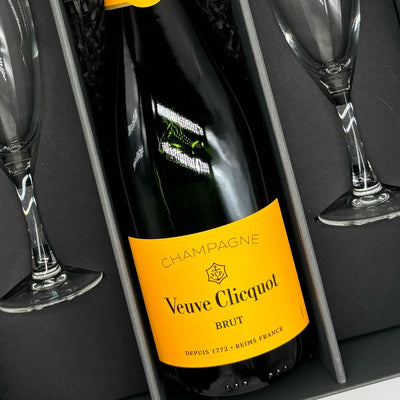 Veuve Clicquot Brut Champagne 75cl with 2 x champagne flutes in Luxury Gift Box