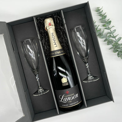 Champagne Lanson Le Black Création 75cl with 2 x Champagne flutes in Luxury Presentation Box.