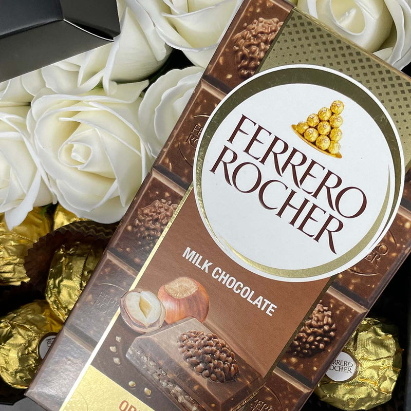 Ferrero Rocher Ultimate Gift Hamper With Ivory Roses close of Ferrero Rocher Bar