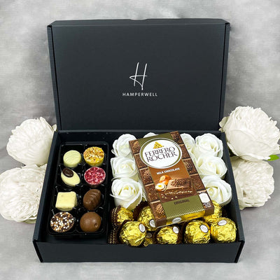 Ferrero Rocher Ultimate Gift Hamper With Ivory Roses with ferrero bar