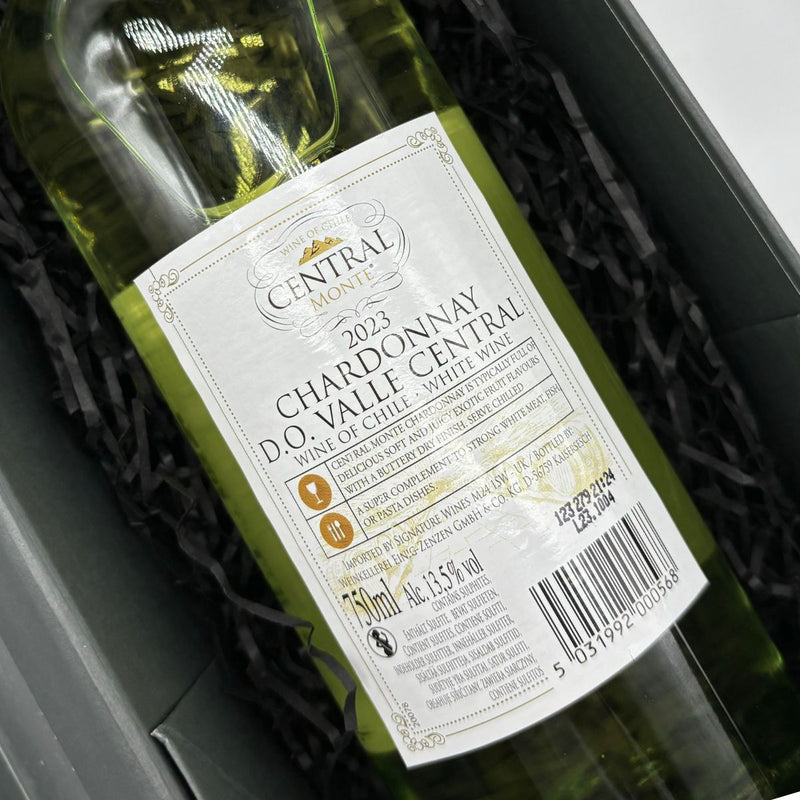 Central Monte Merlot, Merlot Rosé & Chardonnay Wine Trio Gift Set. Back of Chardonnay.
