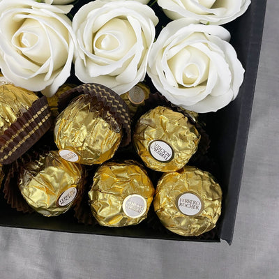 Ferrero Rocher Ultimate Gift Hamper With Ivory Roses close up of Ferrero Rocher chocolate
