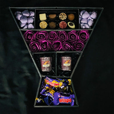 Cadbury Heroes & Yankee Candle Signature Chocolate Bouquet With Purple Roses, swiss milk chocolate hearts, votive candles
