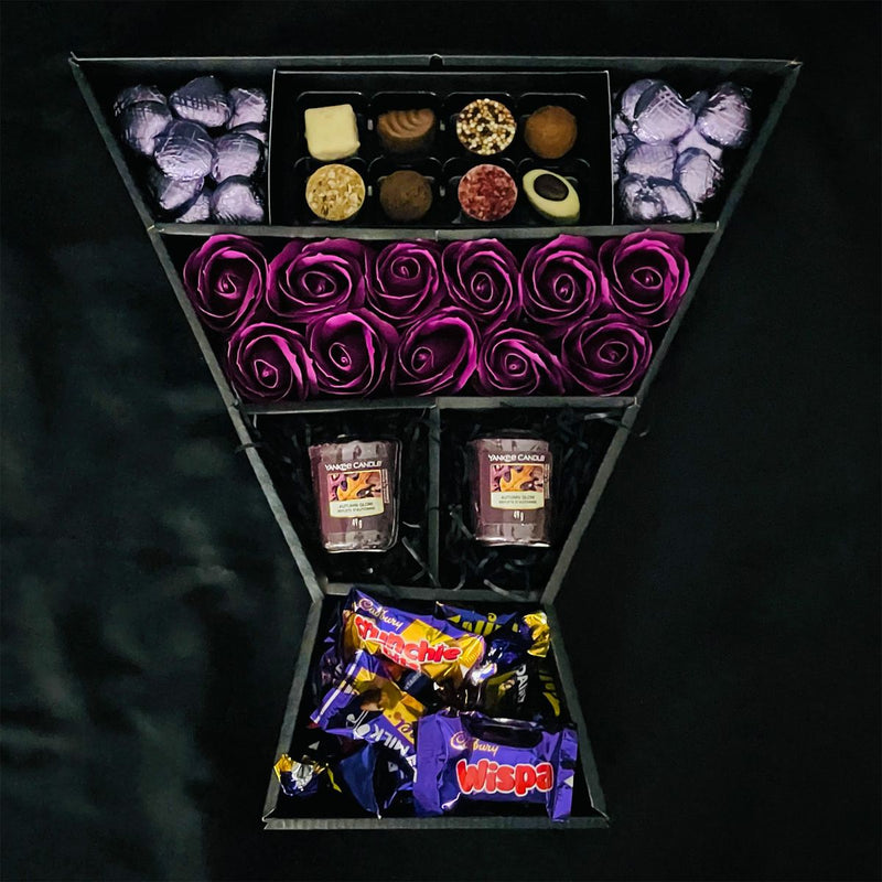 Cadbury Heroes & Yankee Candle Signature Chocolate Bouquet With Purple Roses, swiss milk chocolate hearts, votive candles