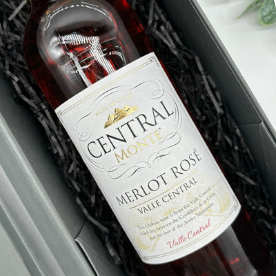 Central Monte Chardonnay & Merlot Rosé Wine Duo Gift Set. Front of Merlot Rose bottle.