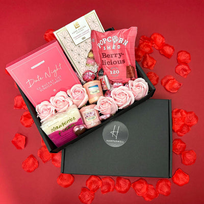 Valentine 's Day Gift Hamper includes Bath Bomb Roses,Candles, Chocolate , Tasty Popcorn and amazing  52 Bucket List Stratch cards with Luxury chocolate from Hamperwell