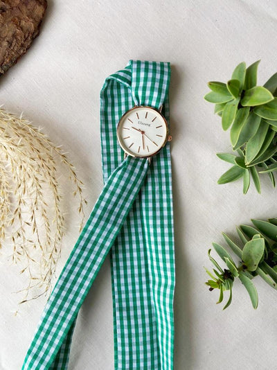 Green Plaid Cloth Changeable Cotton Tie Knot Strap Geneva Boho Wristwatch