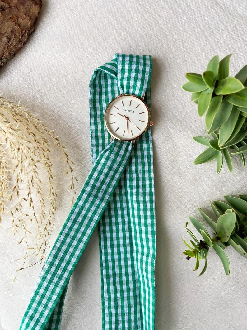 Green Plaid Cloth Changeable Cotton Tie Knot Strap Geneva Boho Wristwatch