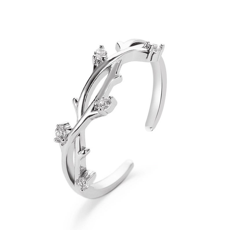 Silver Adjustable Delicate Dainty Zircon Leaf Ring