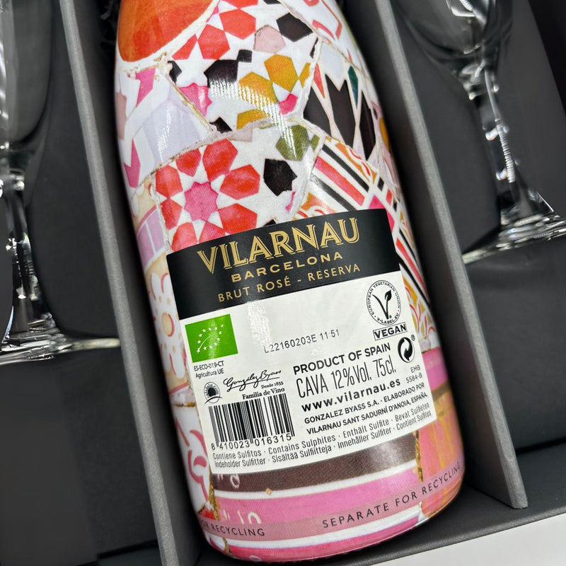 Vilarnau Brut Reserva Rosado Organic Cava Gaudi Sleeve 75cl with 2 x Champagne flutes in Luxury Presentation Box