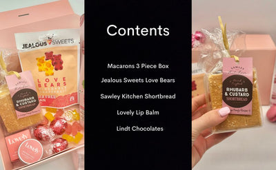 Contents of HamperWell Sweet Treats Treabox. Sweet Treats Treatbox Gift Hamper with Macarons, Biscuit & Popcorn