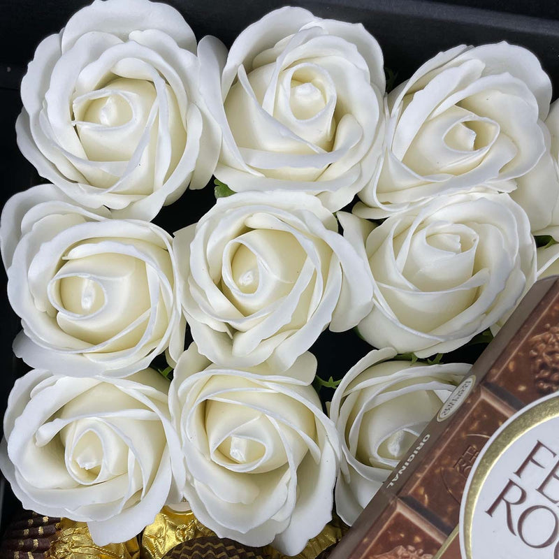 Ferrero Rocher Ultimate Gift Hamper With Ivory Roses close up of stunning ivory roses