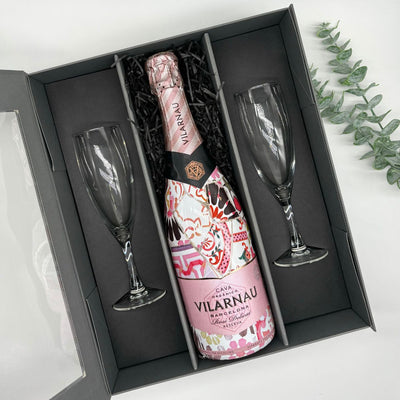 Vilarnau Brut Reserva Rosado Organic Cava Gaudi Sleeve 75cl with 2 x Champagne flutes in Luxury Presentation Box