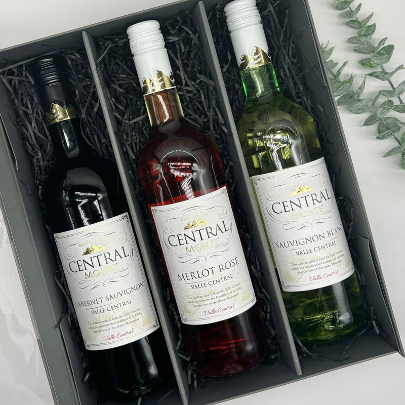 Central Monte Cabernet Sauvignon, Merlot Rosé & Sauvignon Blanc Wine Trio Gift Set. Presented in Luxury Gift Hamper.
