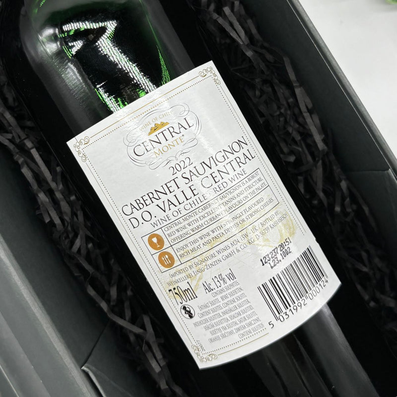 Central Monte Cabernet Sauvignon, Merlot Rosé & Sauvignon Blanc Wine Trio Gift Set. Back of Cabernet Sauvignon.