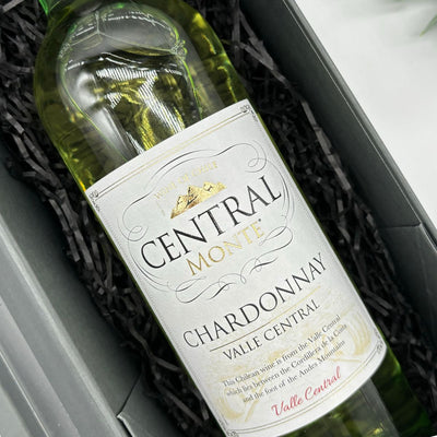 Central Monte Merlot & Chardonnay Wine Duo Gift Set. Front of Chardonnay Bottle.