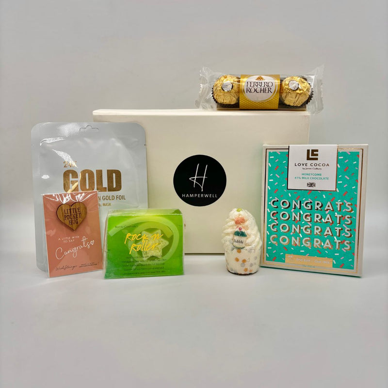 Congratulations Treatbox Hamper with Chocolate, Bubbly Bath Bomb & Pamper Gifts