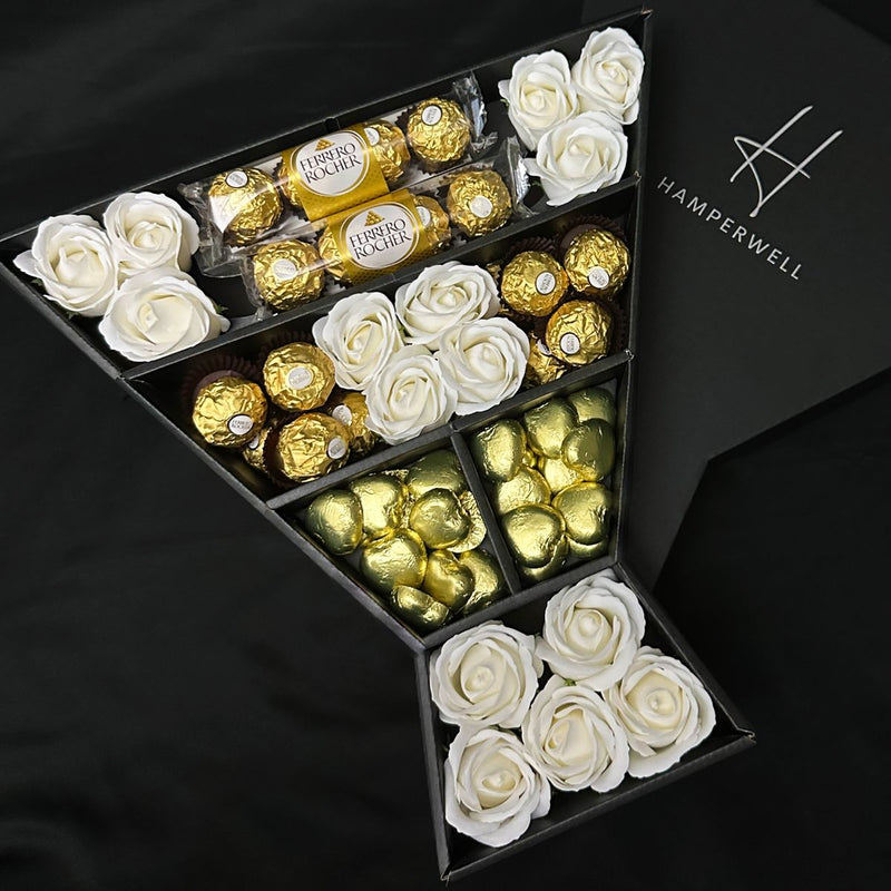 Ferrero Rocher Signature Chocolate Bouquet With Ivory Roses, handmade chocolate truffles and swiss milk chocolate hearts