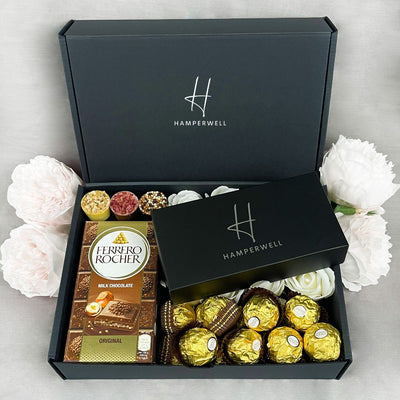 Ferrero Rocher Ultimate Gift Hamper With Ivory Roses with truffles lid 