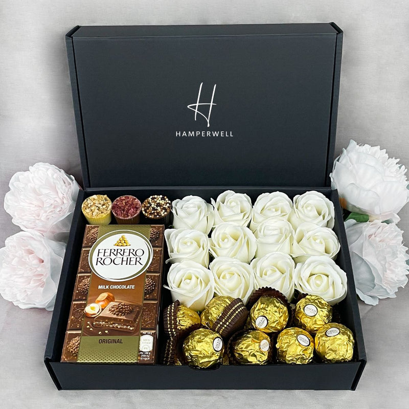 Ferrero Rocher Ultimate Gift Hamper With Ivory Roses in hamper box