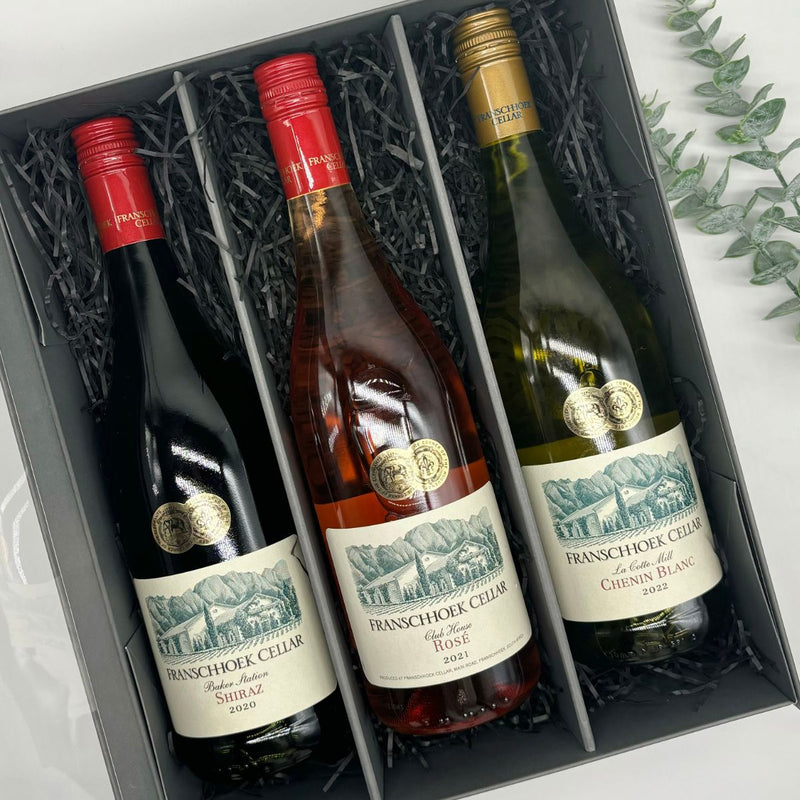 Franschhoek Cellar Baker Station Shiraz, Rosé & Chenin Blanc Wine Trio Gift Set. Presented in Luxury Gift box.
