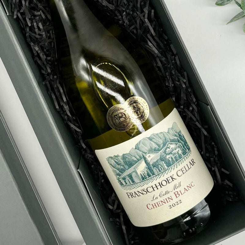 Franschhoek Cellar Baker Station Shiraz, Rosé & Chenin Blanc Wine Trio Gift Set. Front of Chenin Blanc bottle.