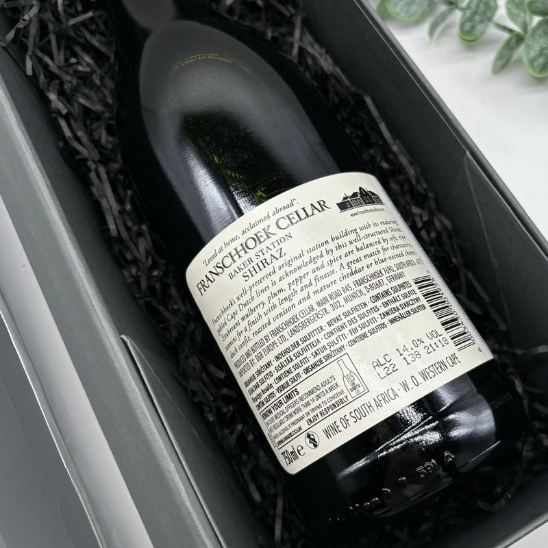 Franschhoek Cellar Baker Station Shiraz, Rosé & Chenin Blanc Wine Trio Gift Set. Back of Shiraz bottle.