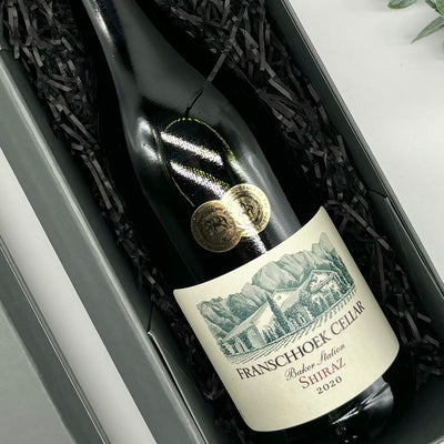 Franschhoek Cellar Baker Station Shiraz, Rosé & Chenin Blanc Wine Trio Gift Set. Front of Shiraz bottle.