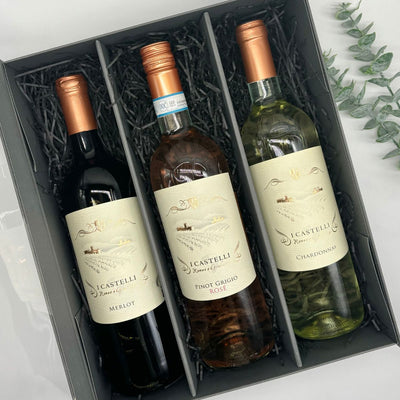 I Castelli Merlot, Pinot Grigio Rosé & Pinot Grigio Wine Trio Gift Set. Presented in Luxury Gift Box.
