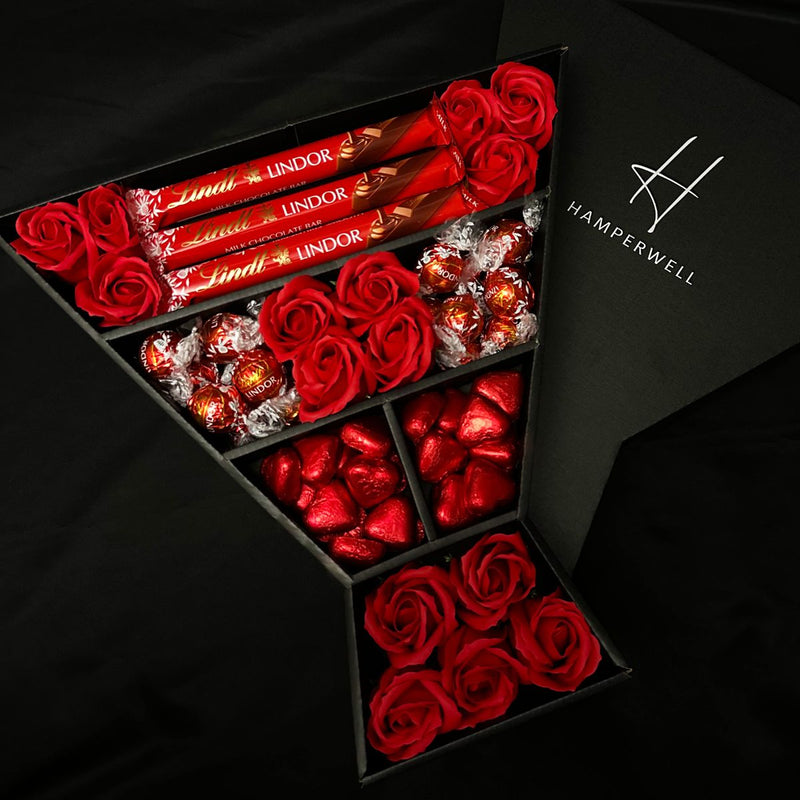 Lindt Lindor Chocolate Bouquet With Red Roses, Lindor Truffles, Handmade Chocolate Truffles and Swiss Chocolate Hearts 