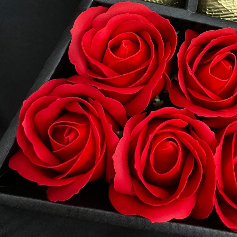Lindt Lindor & Ferrero Rocher Signature Chocolate Bouquet With Red Roses close up of stunning red roses