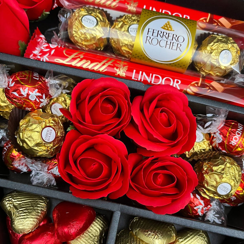 Lindt Lindor & Ferrero Rocher Signature Chocolate Bouquet With Red Roses close up of ferrero rocher and lindt lindor chocolates