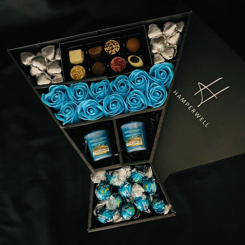 Lindt Lindor & Yankee Candle Signature Chocolate Bouquet With Blue Roses with handmade truffles official yankee candle votive