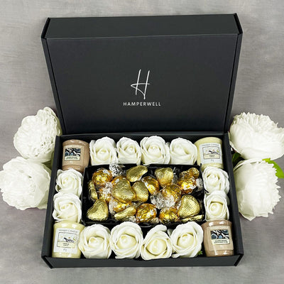 Yankee Candle Ultimate Gift Hamper With Ivory Roses with lindt lindor white chocolate truffles and swiss chocolate hearts