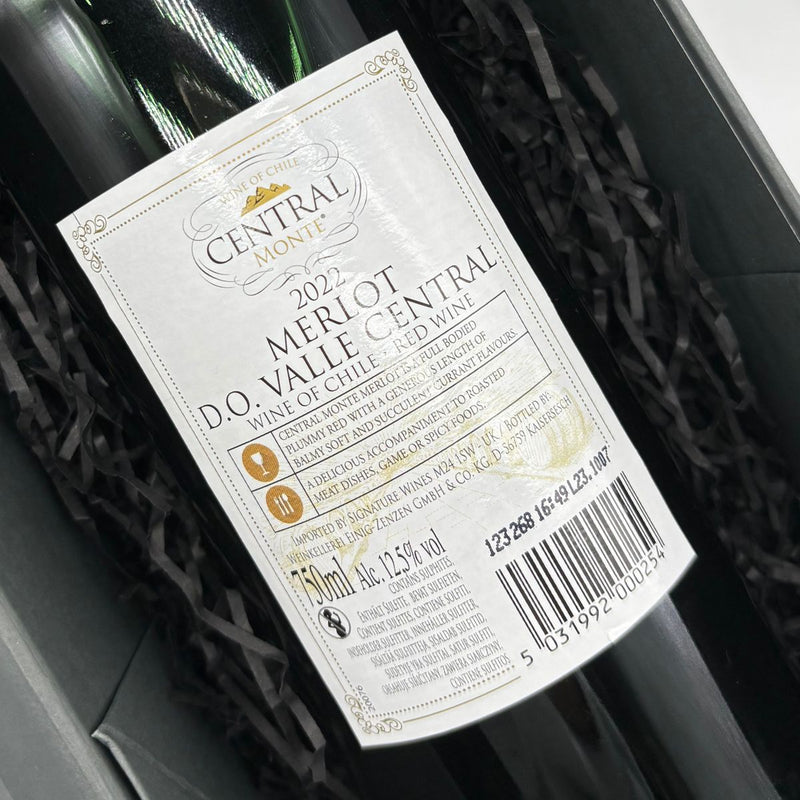 Central Monte Merlot & Chardonnay Wine Duo Gift Set. Back of Merlot bottle.