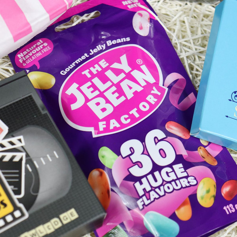 Ultimate Movie Night treatbox Gift Hamper with Quiz, Film Ideas & Treats Jelly Bean Factory Pouch