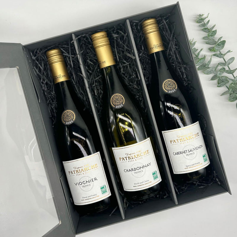 Patriarche Viognier, Cabernet Sauvignon & Chardonnay Wine Trio Gift Set. Presented in Luxury Gift Box.