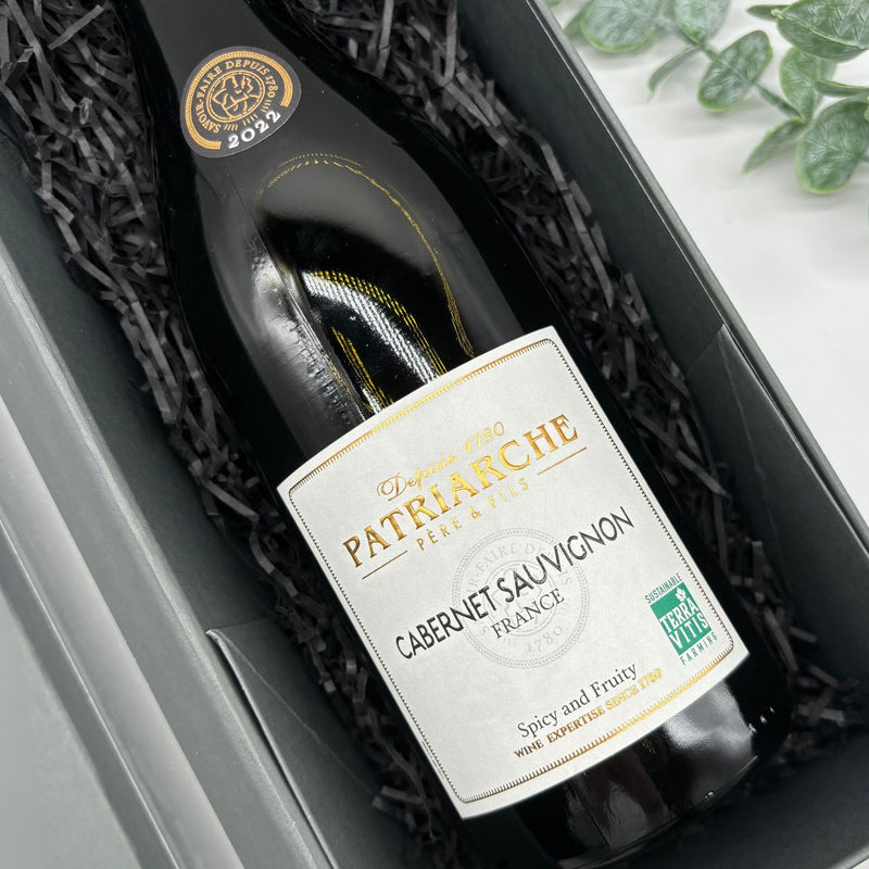 Patriarche Viognier, Cabernet Sauvignon & Chardonnay Wine Trio Gift Set. Front of Cabernet Sauvignon bottle.