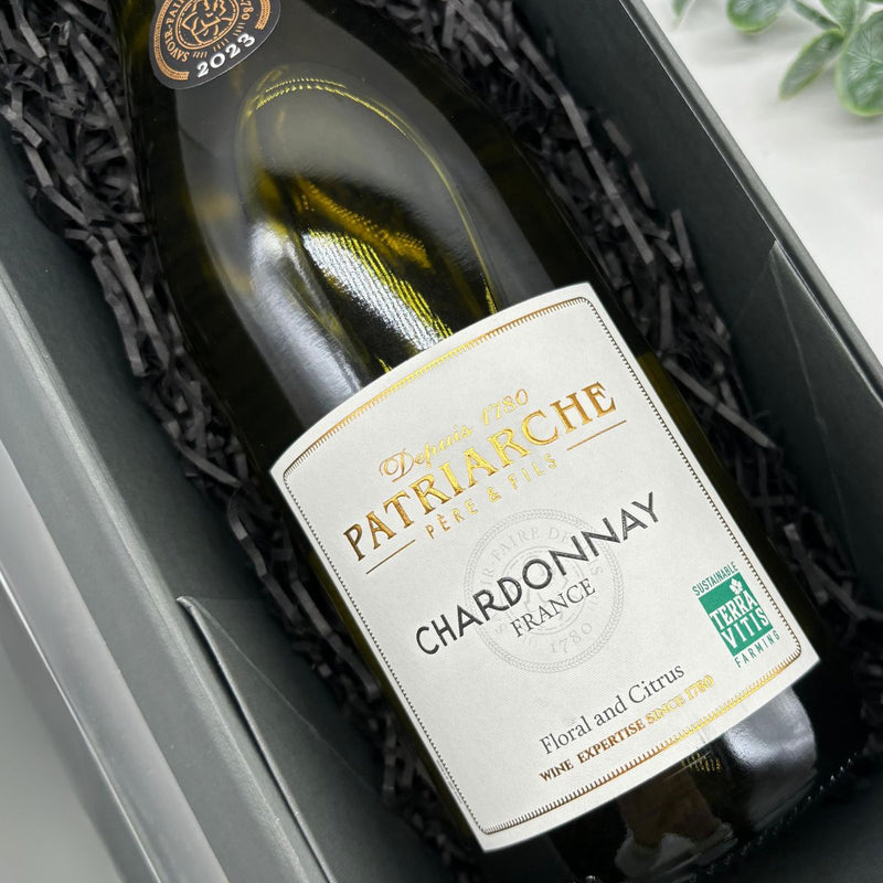 Patriarche Viognier, Cabernet Sauvignon & Chardonnay Wine Trio Gift Set. Front of Chardonnay Bottle.