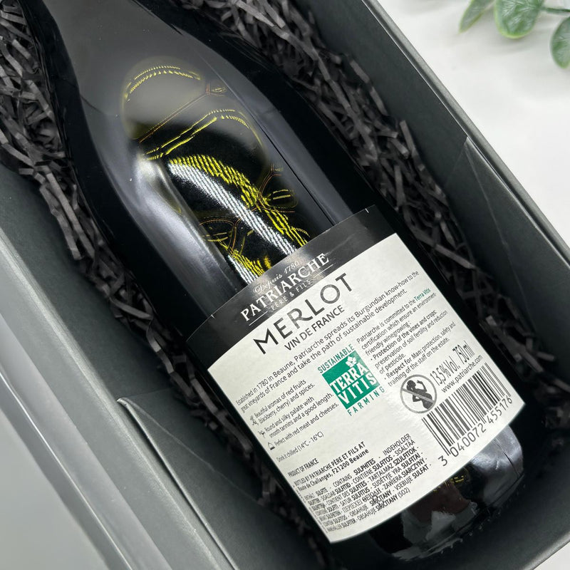 Patriarche Sauvignon Blanc, Merlot & Viognier Wine Trio Gift Set. Back of Merlot bottle.