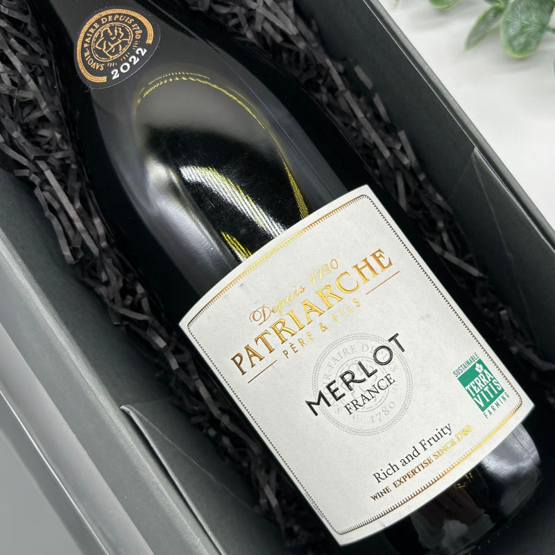 Patriarche Sauvignon Blanc, Merlot & Viognier Wine Trio Gift Set. Front of Merlot bottle.
