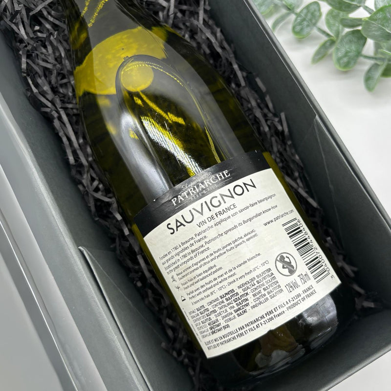 Patriarche Sauvignon Blanc, Merlot & Viognier Wine Trio Gift Set. Back of Sauvignon Bottle.