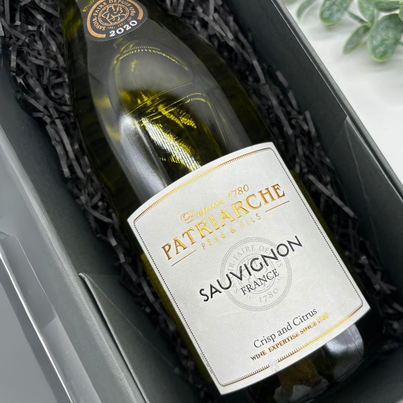 Patriarche Sauvignon Blanc, Merlot & Viognier Wine Trio Gift Set. Front of Sauvignon bottle.