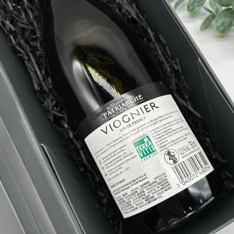 Patriarche Viognier, Cabernet Sauvignon & Chardonnay Wine Trio Gift Set. Back of Viognier bottle.