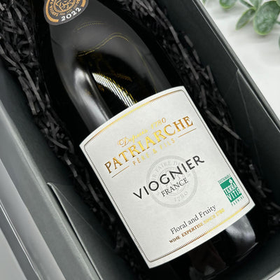Patriarche Viognier, Cabernet Sauvignon & Chardonnay Wine Trio Gift Set. Front of Viognier bottle.