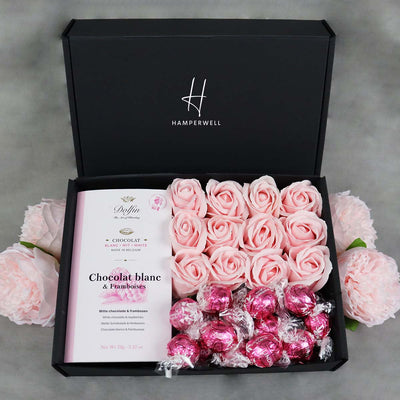 Dolfin Chocolate Ultimate Gift Hamper With Pink Roses arranged in beautiful hamper gift box