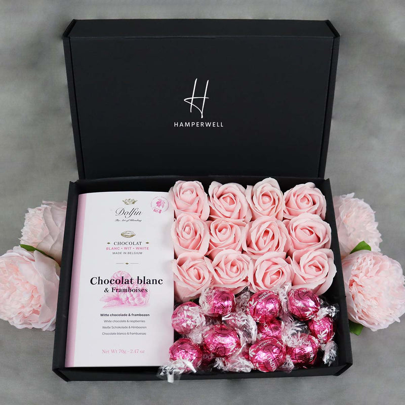 Dolfin Chocolate Ultimate Gift Hamper With Pink Roses arranged in beautiful hamper gift box