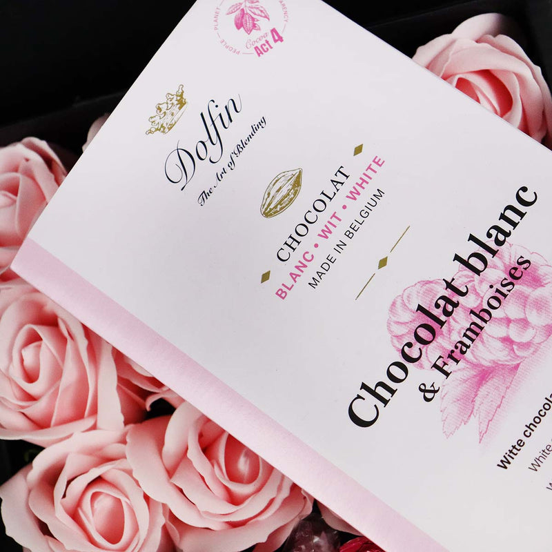Dolfin Chocolate Ultimate Gift Hamper With Pink Roses close up of Dolfin Raspberry and white chocolate bar