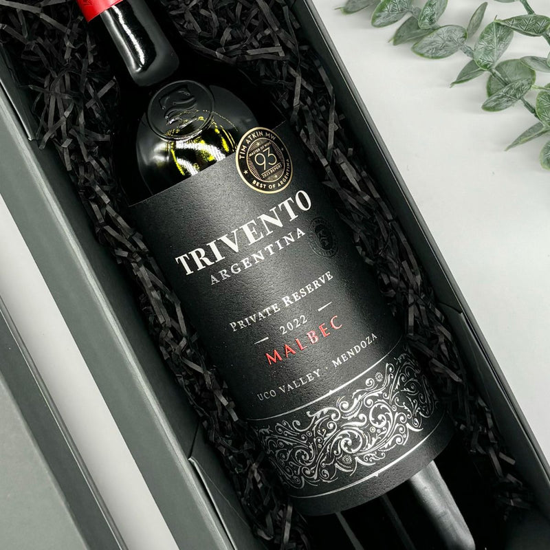 Trivento Private Reserve Malbec & Pinot Grigio Wine Duo Gift Set.  Front of Malbec bottle.