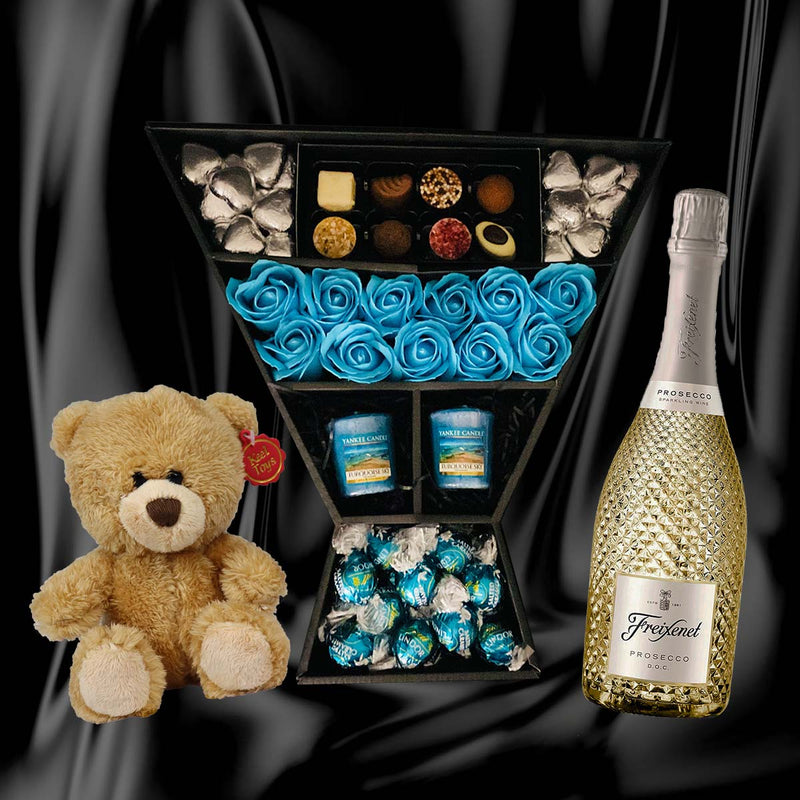 HamperWell Lindt Lindor & Yankee Candle Signature Chocolate Bouquet With Blue Roses bundle with freixenet prosecco and teddy